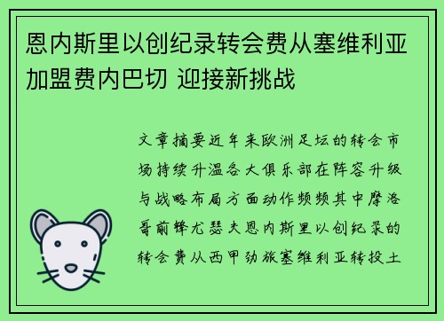 恩内斯里以创纪录转会费从塞维利亚加盟费内巴切 迎接新挑战 恩内斯里以创纪录转会费从塞维利亚加盟费内巴切 迎接新挑战